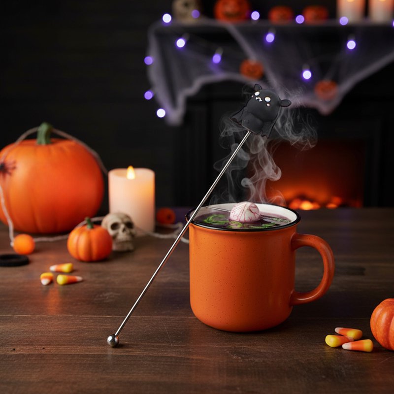 Halloween Black Stainless Steel Cocktail Mixing Spoon with Ghost & Witch Hat Design