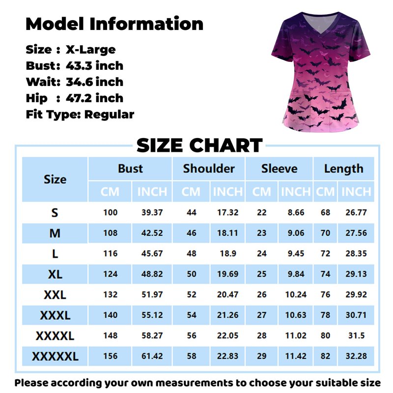 Plus Size Halloween Pumpkin-Head Bat Printed Scrub Top Women Green 10XL