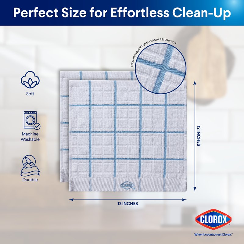 Clorox Cotton Dish Cloths 2 Pack - Highly Absorbent 12" x 12" Blue