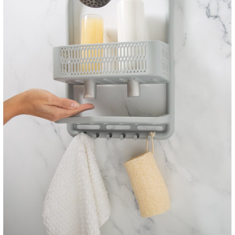 Plastic Shower Caddy Over-the-Shower Head Gray with Hooks & Suction Cups
