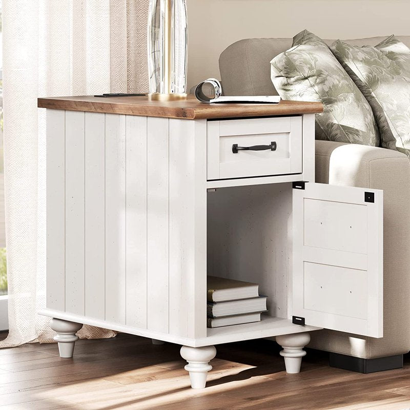End Table with Charging Station and Storage Drawer - White
