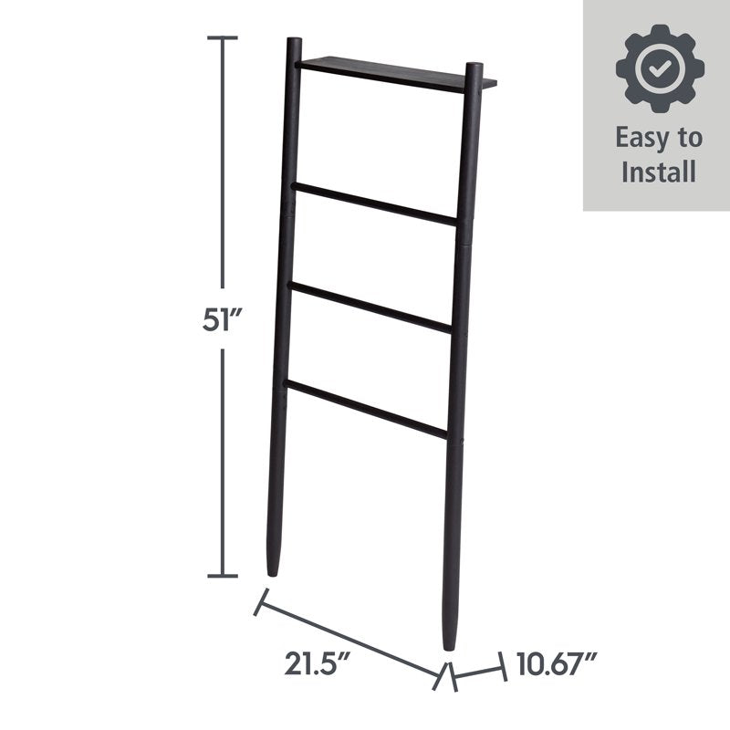 Black Freestanding Acacia Wood Towel Ladder with 4 Tiers - Space Saving Bathroom Storage