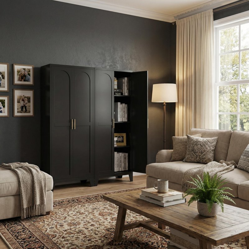 Tall Black Storage Cabinet with Adjustable Shelves - 60.8"