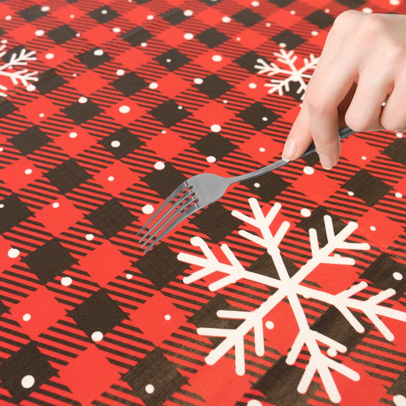 Fitted Vinyl Table Cover with Flannel Backing - Snowflake Red, 8 Pack