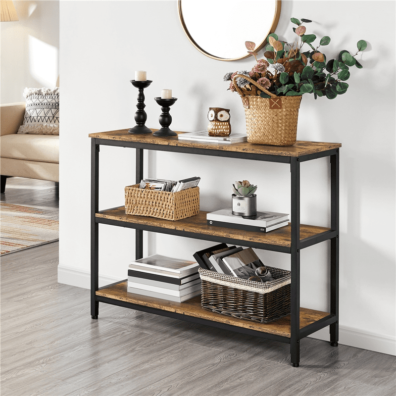 Rustic Wooden Console Table with 3 Storage Shelves