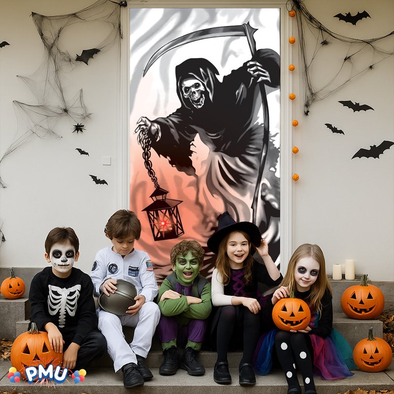 PMU Halloween Reaper Light Up Door Cover - 1 Piece, Spooky Door Decor