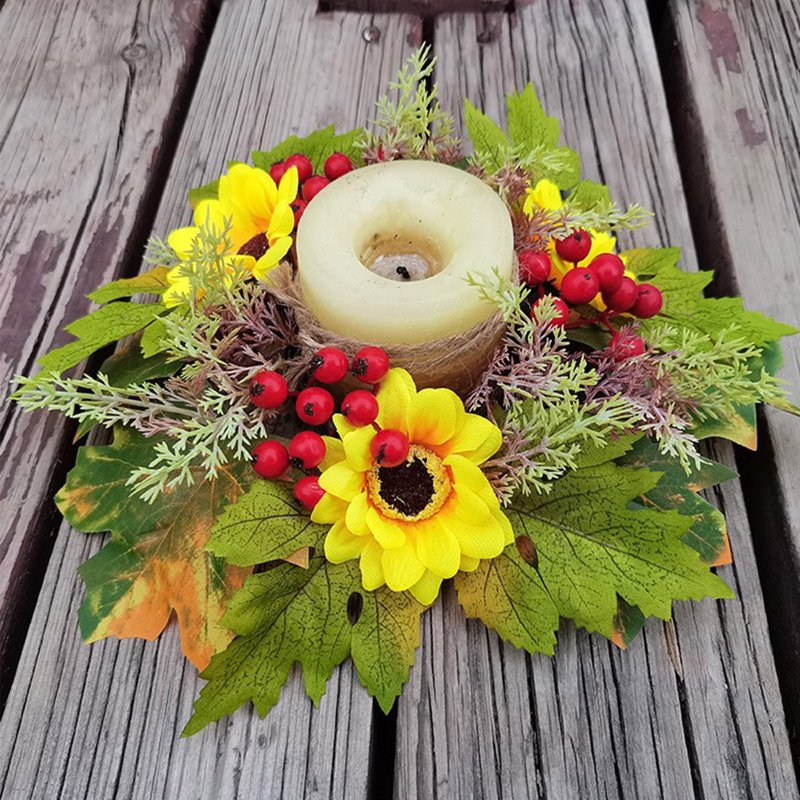 Fall Sunflower Candle Ring - Harvest Floral Mini Wreath for Pillar Candles & Decor - Variation #7