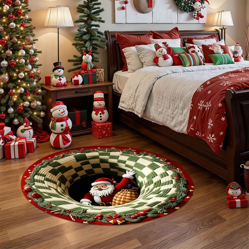 Christmas Santa Round Rug - 3D Washable Non-Slip Holiday Carpet for Living Room - Variation #6C
