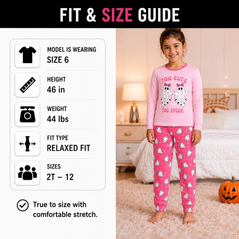 Pink Too Cute Girls Halloween Pajamas Set - 2T-12, Long Sleeve & Pants, 5-6