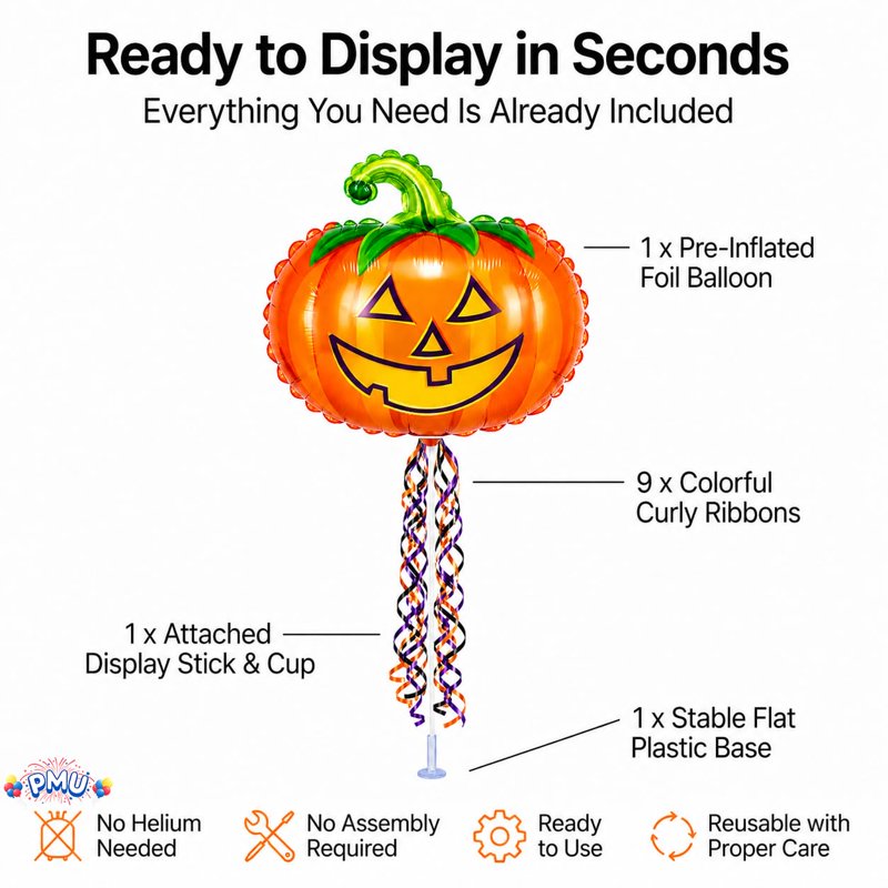 Halloween Pre-Inflated 9 Inch Pumpkin Balloon on Stick - Whimsical Pumpkin, 1 Pack
