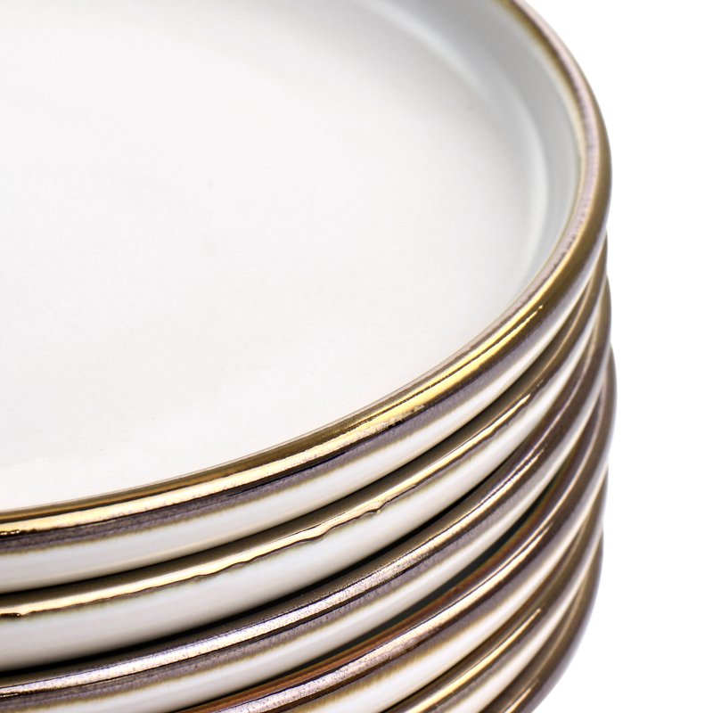 6 Piece Stoneware Salad Plate Set - Matte White with Gold Rim