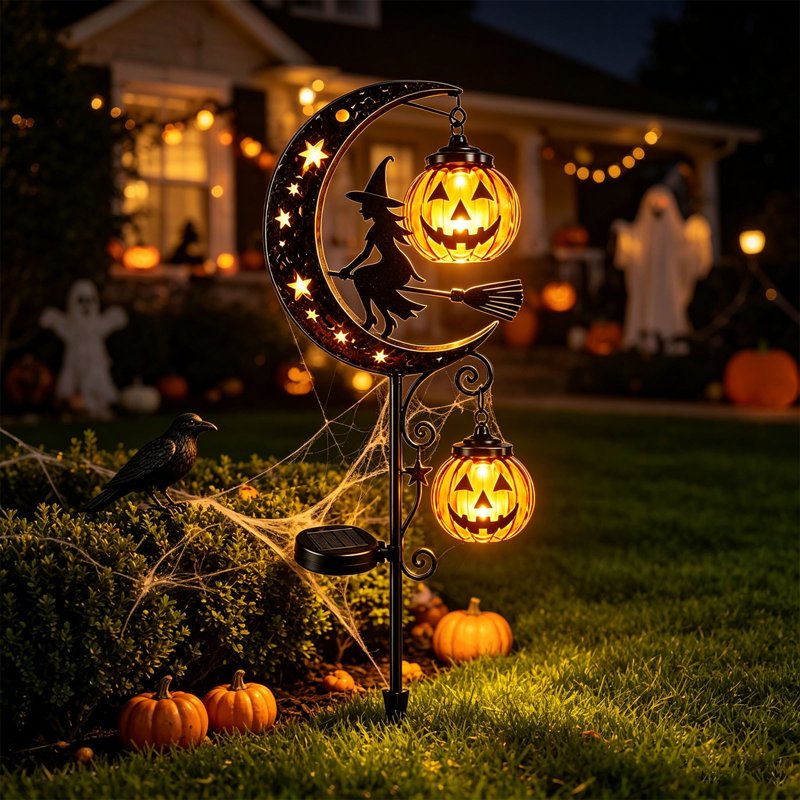Solar Halloween Pumpkin & Moon Garden Stake Lights - Waterproof Metal Yard Decor - J