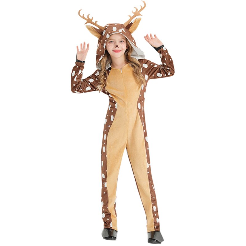 Khaki Christmas Deer Toddler Jumpsuit Footed Onesie for 7-9 Years