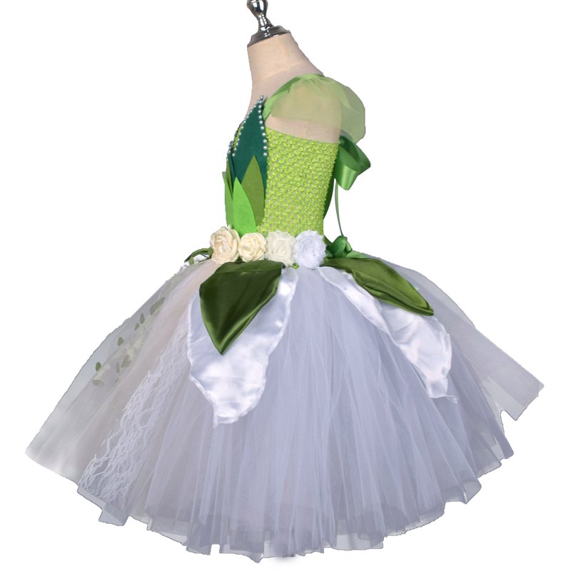Kids Girls Halloween Costume Dress with Headband - Black & White Striped Tulle Tutu, Green Crown, 5-6 Years