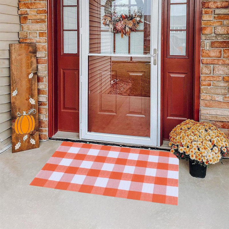 Orange Plaid Fall Outdoor Doormat - Hand-Woven Porch Rug for Thanksgiving & Halloween - Variation: A Orange