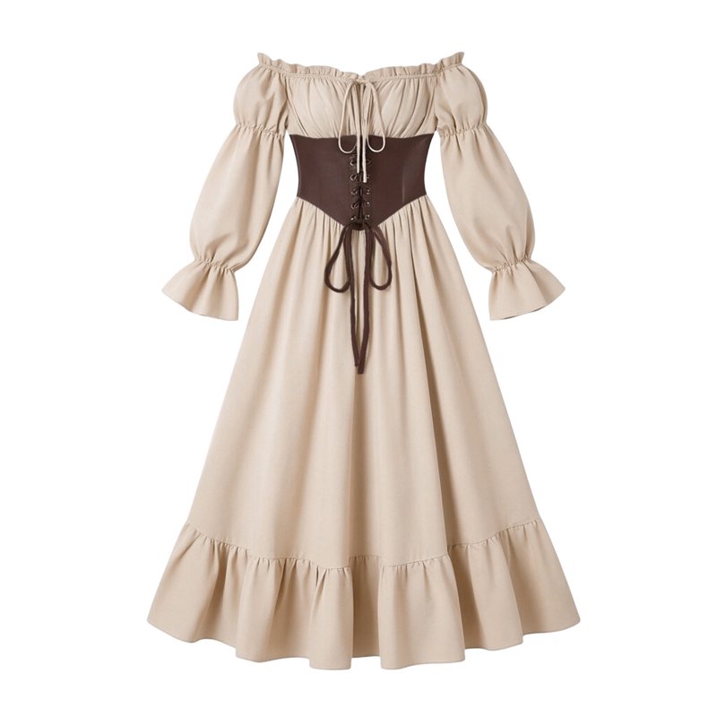 Gothic Corset Maxi Dress for Women Halloween Victorian Off Shoulder Ruffle Hem Beige XL - Variation BB-Beige