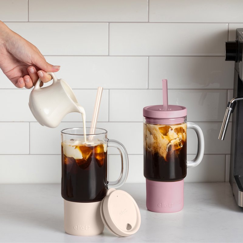18 oz Glass Mug - Mauve with Splash-Resistant Lid & Handle