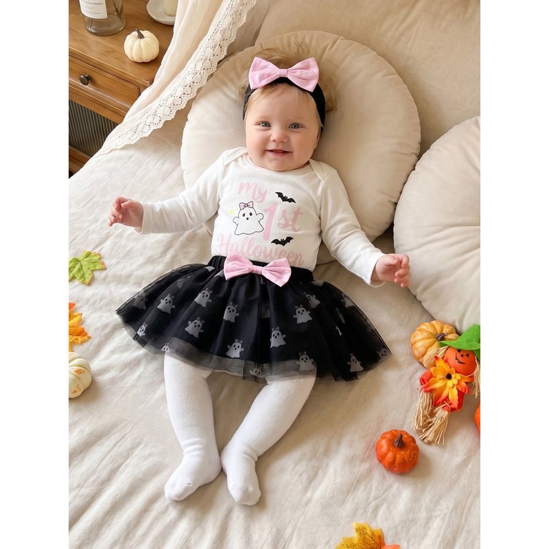 Baby Girl Halloween Romper Set with Tulle Skirt & Headband - Black, 6-9 Months