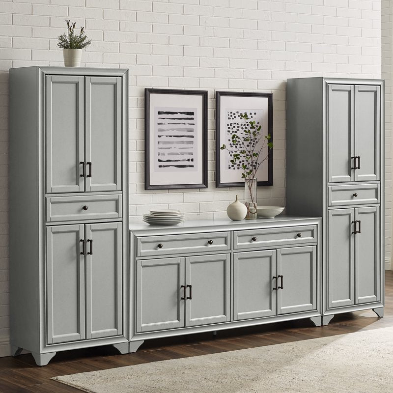 Tara 3-Piece Modern Farmhouse Sideboard Buffet & Pantry Set - Distressed Gray