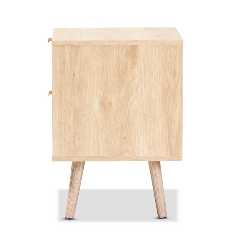 Mid-Century Modern Light Oak Brown End Table with Rattan Drawers