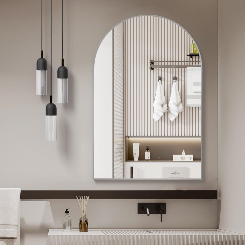 Arched Wall Mirror 24x32 Inches - Silver Finish, Modern Bathroom & Bedroom Decor