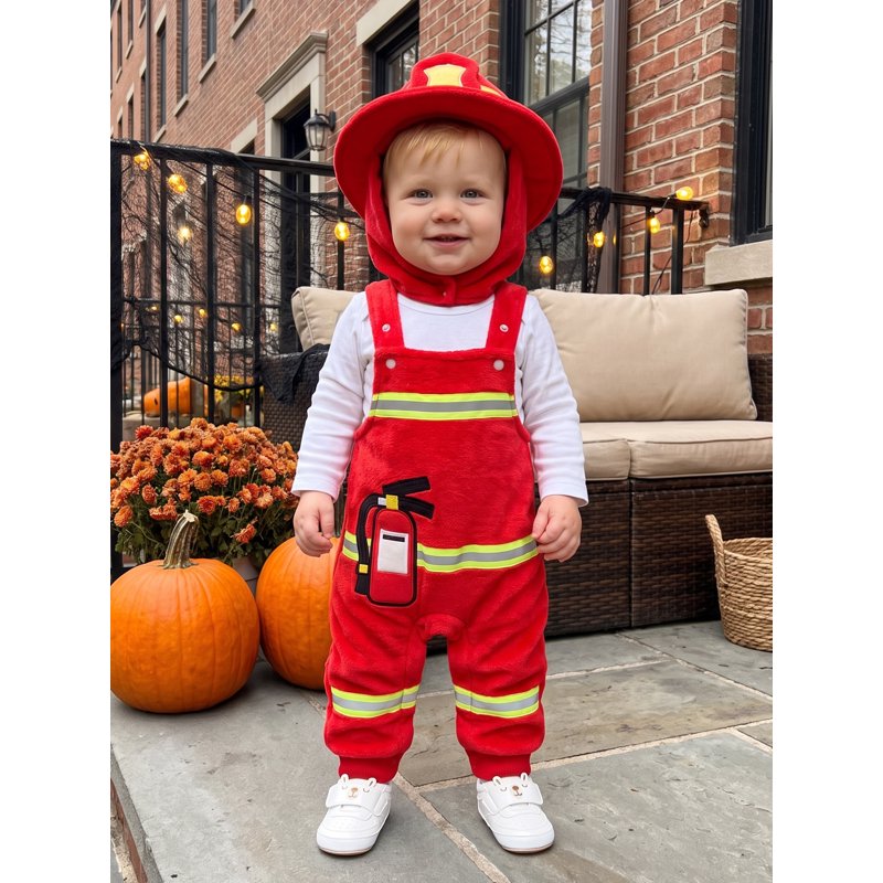 Toddler Baby Boy Firefighter Costume 12-18 Months Red JumpSuit Halloween Dress-Up