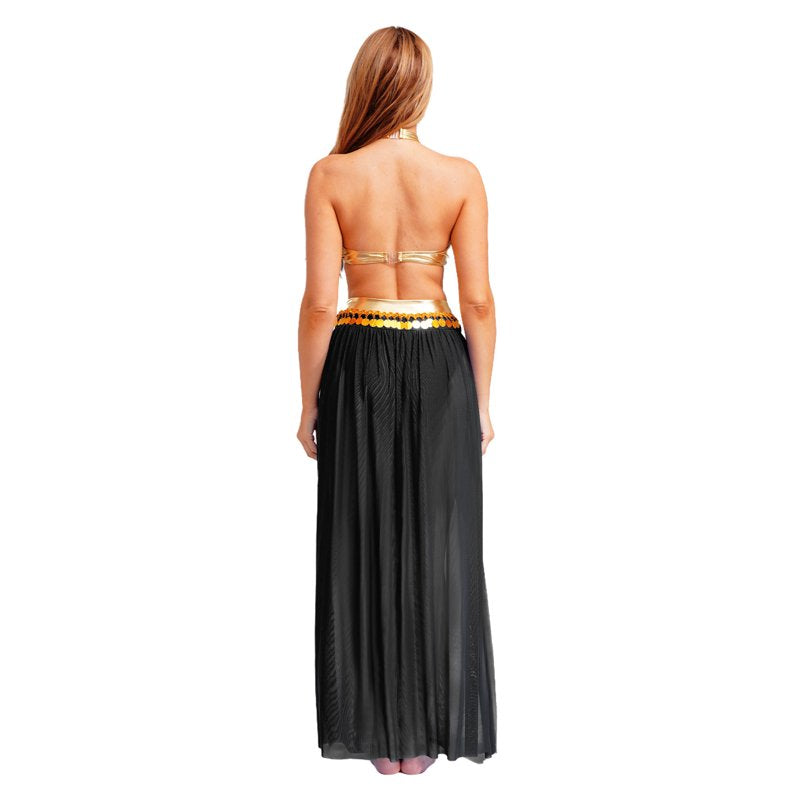 Belly Dance Costume Set with Sequin Tassel Crop Top and Mesh Skirt - Black M