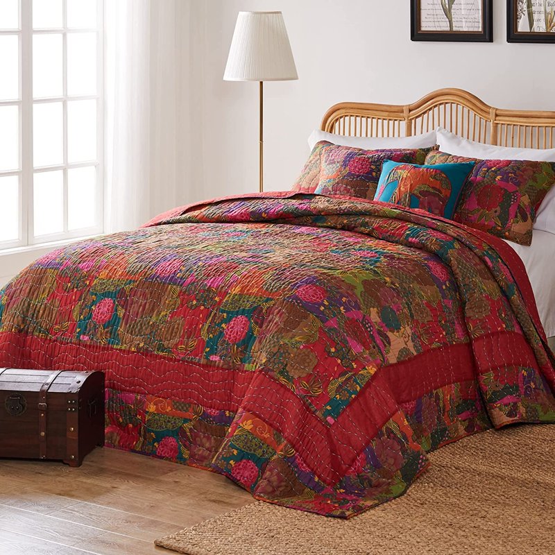 King Size Reversible Cotton Bedspread Set with Pillow Shams - Jewel Kantha Style