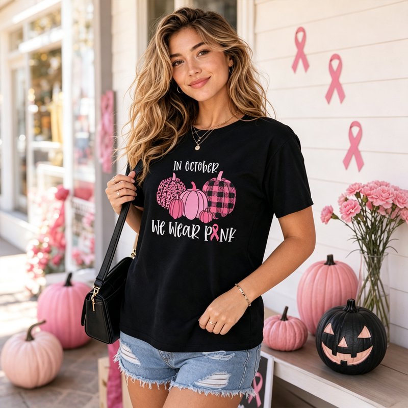 KimSoong Women's Breast Cancer Awareness T-Shirt D-Black M - Pink Ribbon Pumpkin Graphic Tee