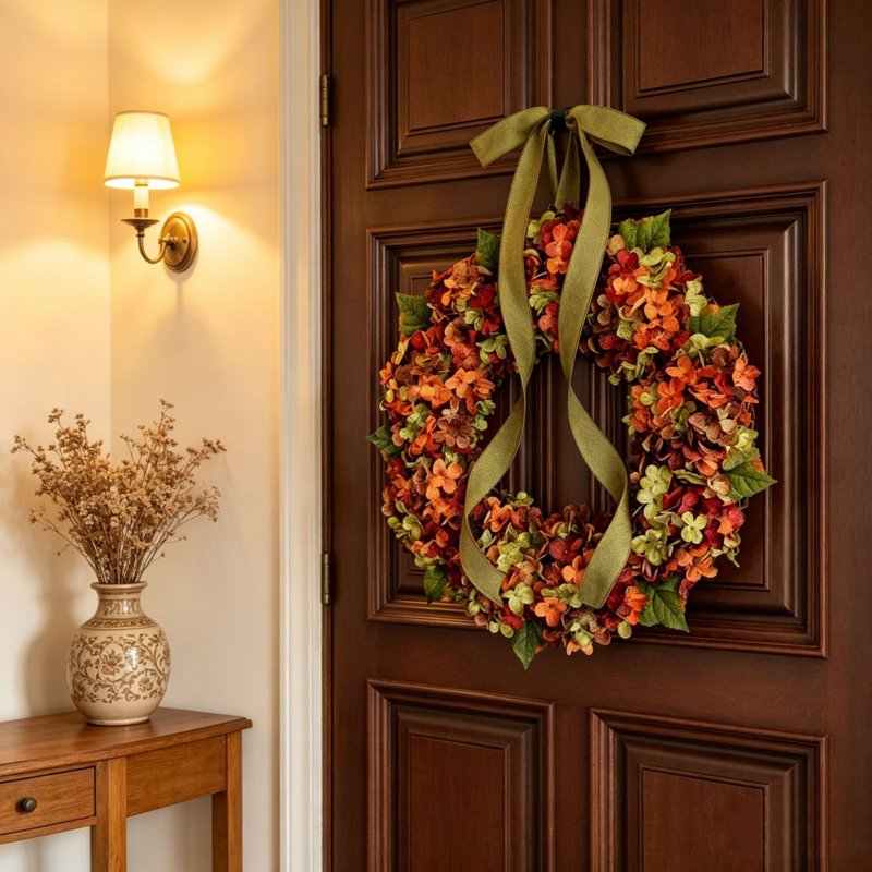 Fall Wreath for Front Door - Large Maple Leaf & Hydrangea Halloween Thanksgiving Decoration F-9