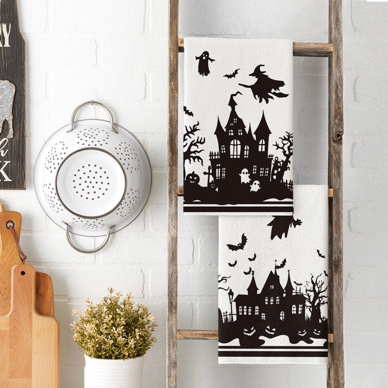 Haunted House Tree Kitchen Towels Set of 2 - Black White Spooky Ghost Witch Halloween 18x26 A