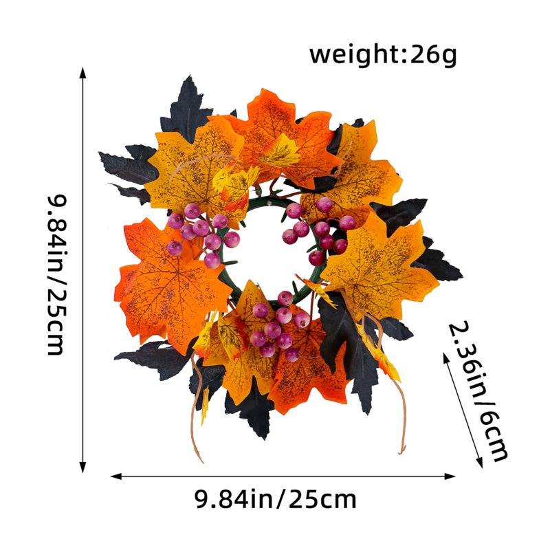 Halloween Candle Wreath with Maple Leaves and Roses - Indoor Outdoor Fall Decor - Variation A
