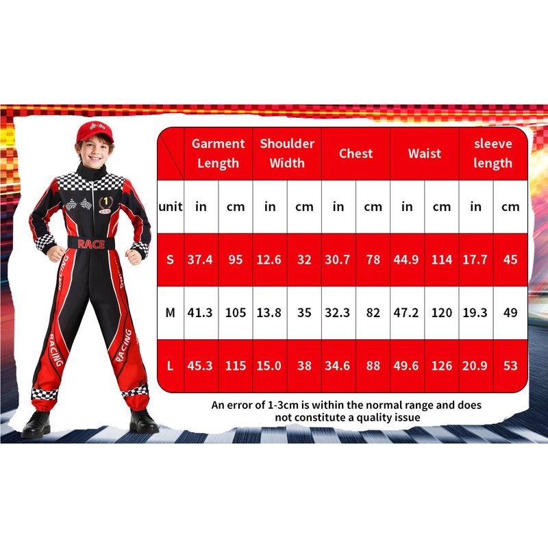 Kids Race Car Driver Costume Jumpsuit with Car Cap - Size L/10-12 Years Halloween Dress Up