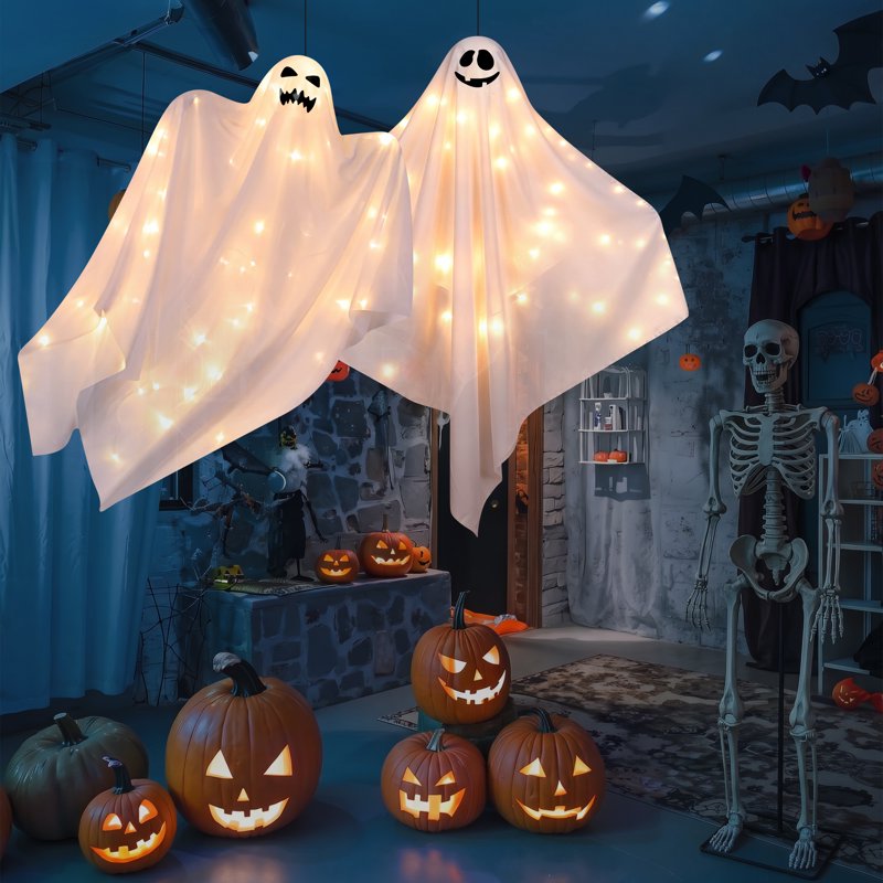 Halloween Ghost Decor Light Set - White, 48-Inch Hanging Ghosts with LED Lights, Outdoor Yard & Garden Decoration