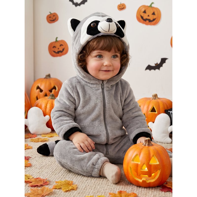 Toddler Baby Raccoon Halloween Costume Jumpsuit - Gray, 6-12 Months
