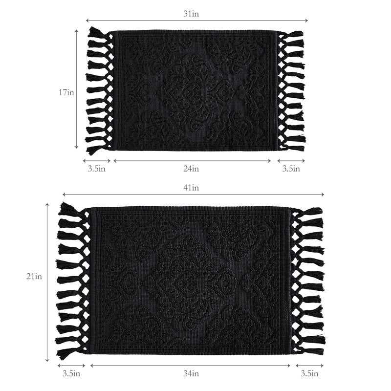 Jean Pierre Cotton Fringe Bath Rug Set - Black, 17 x 24 & 21 x 34 Inches