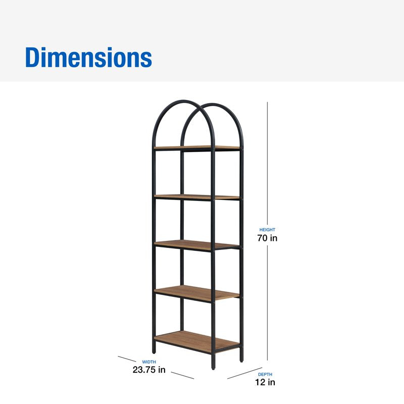5-Shelf Metal and Wood Open Bookcase - Warm Walnut Finish