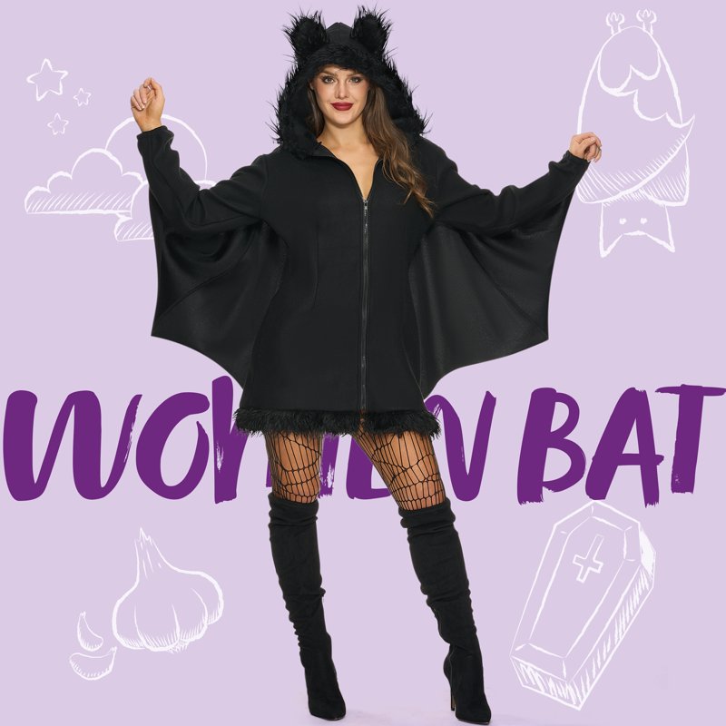 Women’s Black Bat Costume with Attached Ears - M Size Halloween Cosplay Dress