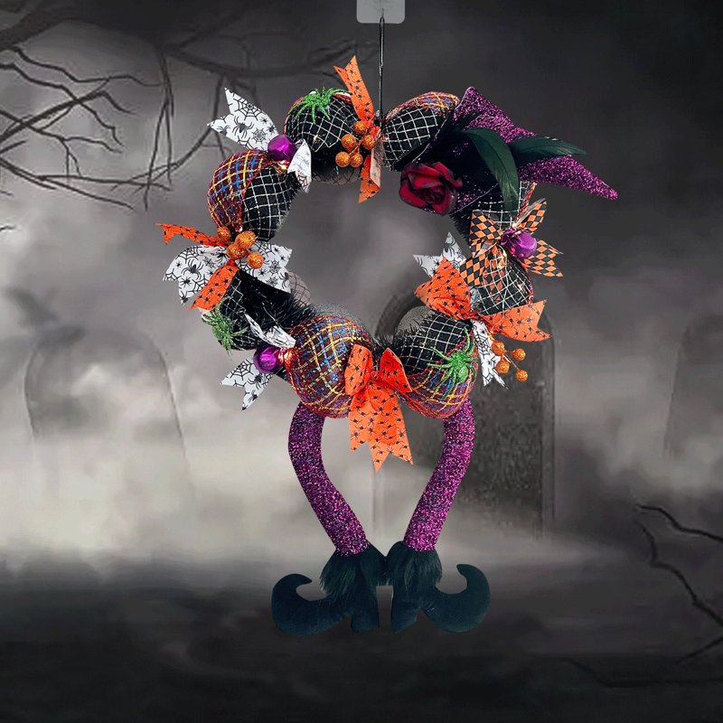 Halloween Front Door Wreath with Witch Hat and Feet - 17.7 Inch Indoor Outdoor Decoration