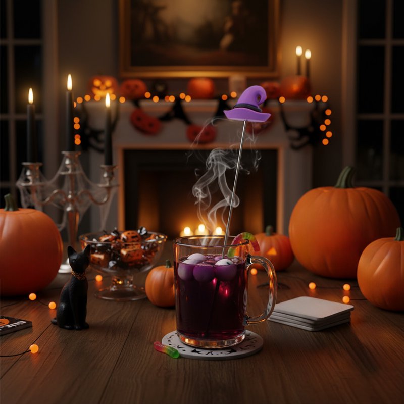 Halloween-Themed Stainless Steel Cocktail Mixing Spoon - Purple Ghost & Witch Hat Design
