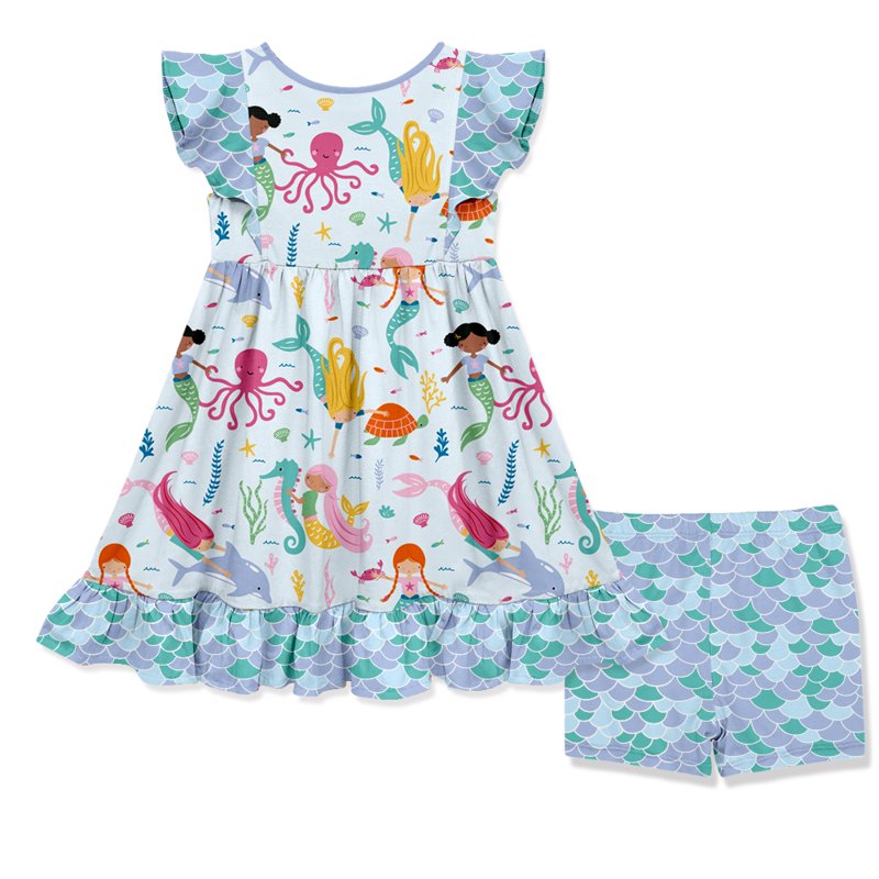 Blue Mermaid Print Girls Dress and Shorts Set - 3T-12, Variation of 10