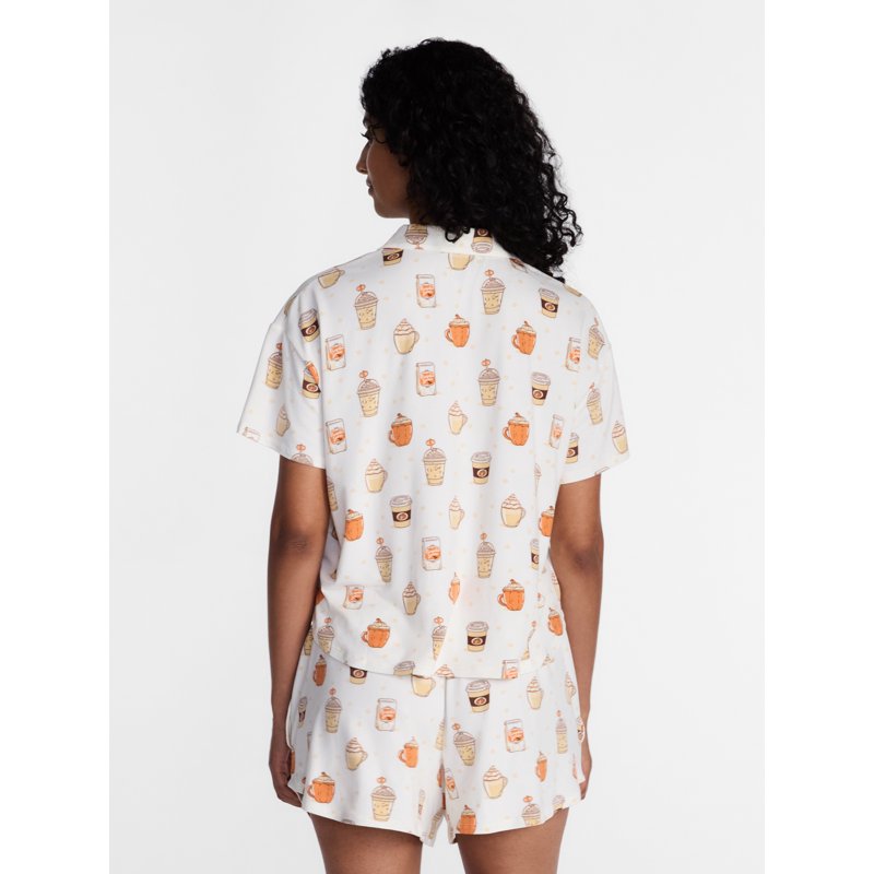 Women's Halloween Notched Top and Shorts Pajama Set - Winter White Coffee 3X