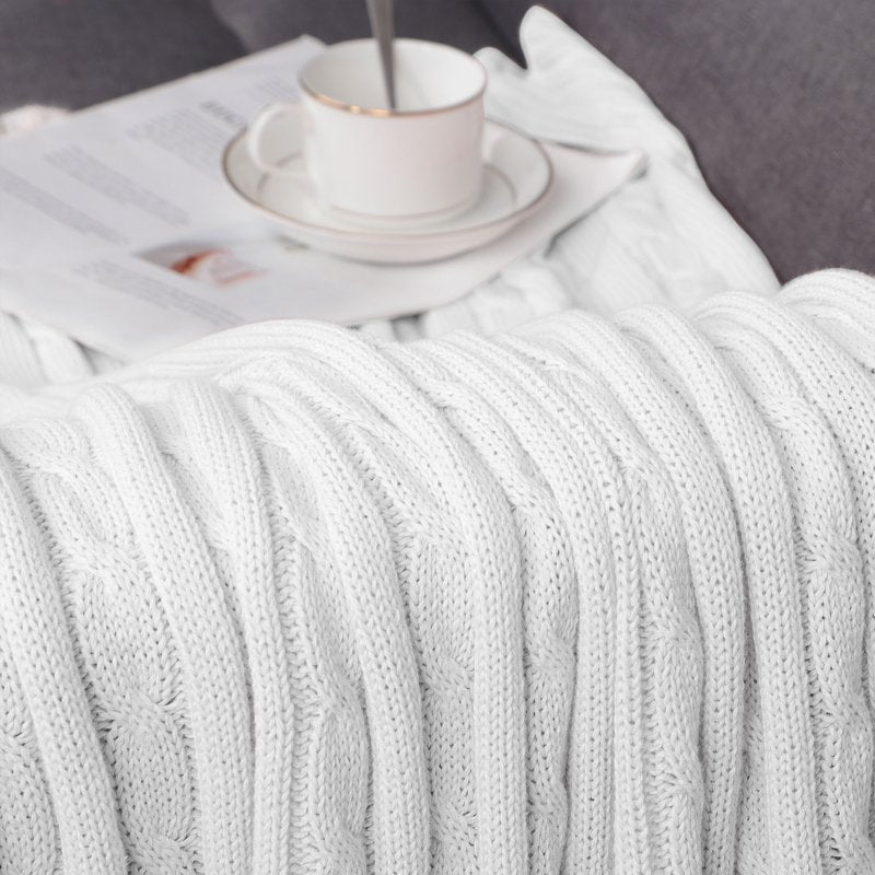 Cotton Cable Knit Throw Blanket - White 51 x 59 Inches