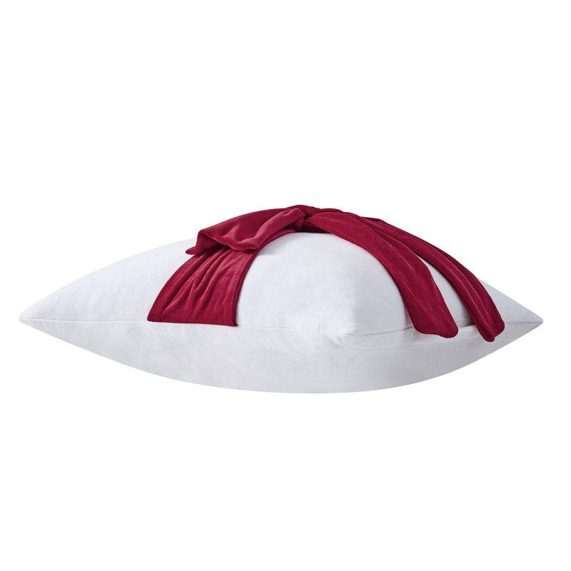 White and Red Velvet Bow Decorative Pillow 20x20 Inch Holiday Accent