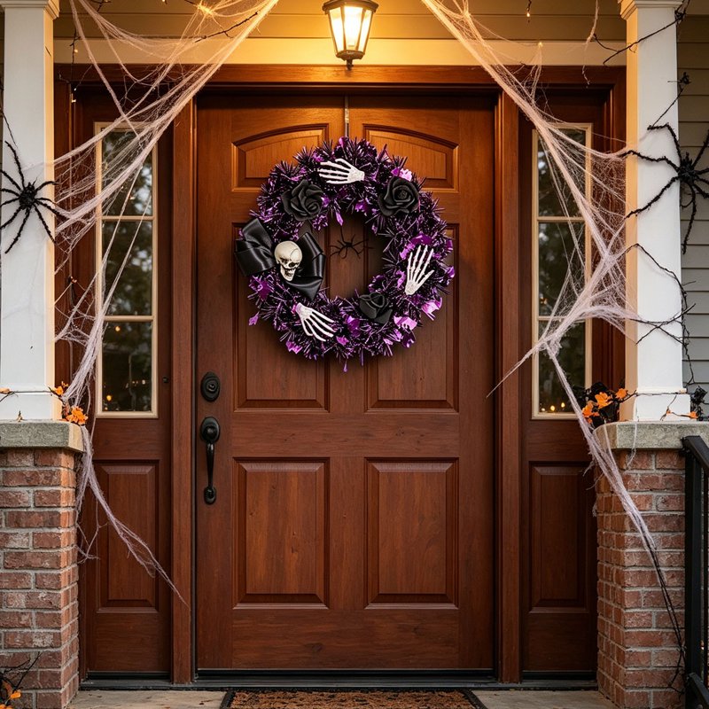 Multicolor Halloween Wreath for Front Door - Skull with Black Bow, 13.77 Inch