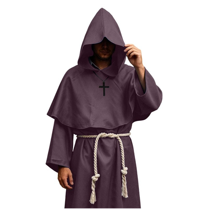 Medieval Hooded Monk Robe Costume Friar Priest Cloak for Halloween - Coffee, Large
