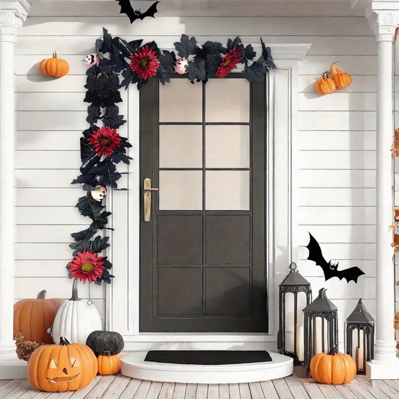 Halloween Garland Decor with Wreath - 68.9in Black Seasonal Home Decoration - Variation A