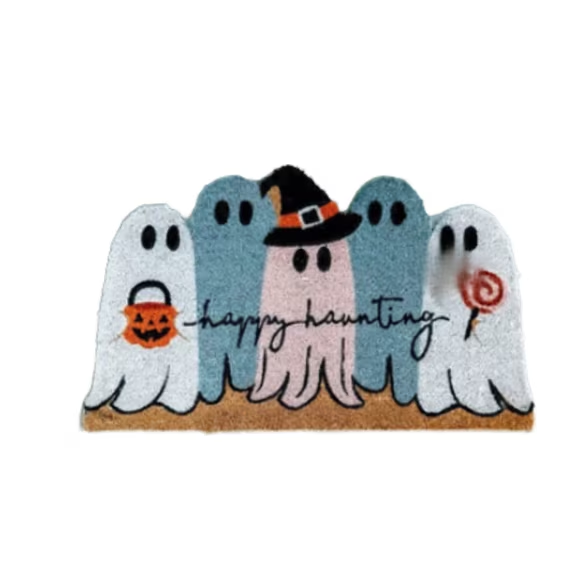 Halloween Ghost Welcome Doormat - Spooky Entryway Rug with Pumpkin & Polka Dot Background - Variation 05_Ghost Doormat Prod20 E