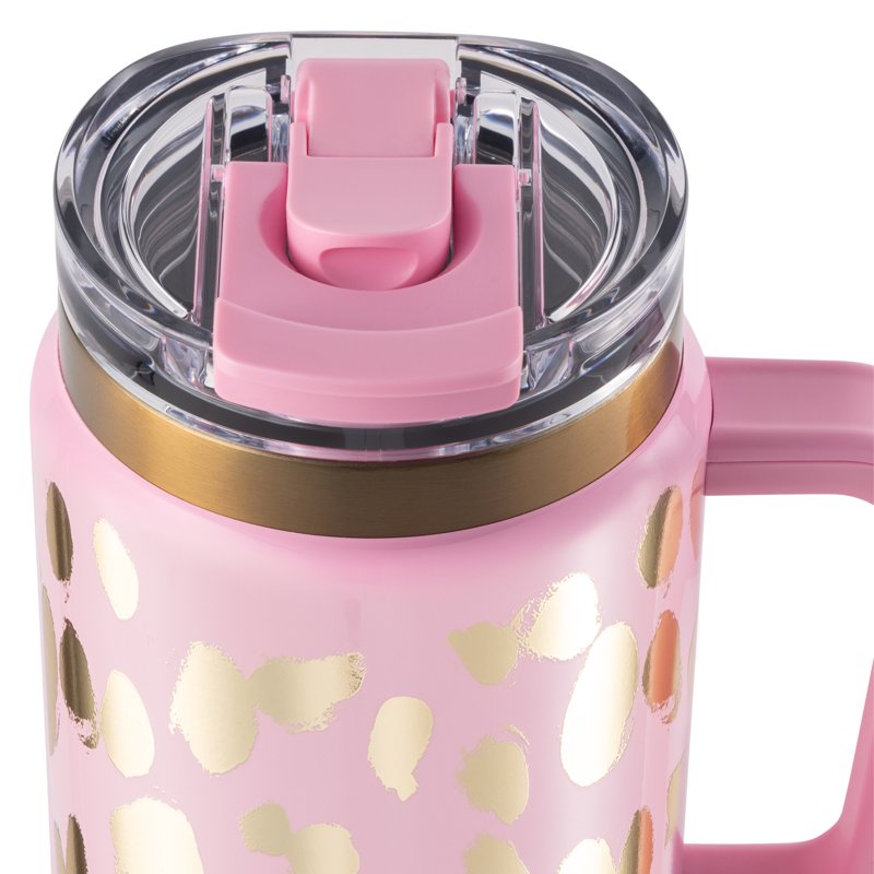 Stainless Steel 32oz Luna Tumbler with Handle and Dual Straw Lid - Pink & Gold Dots