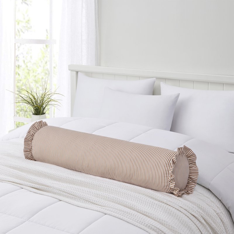 8x36 Inch Tan Striped Ruffle Bolster Decorative Pillow - Home Decor Collection